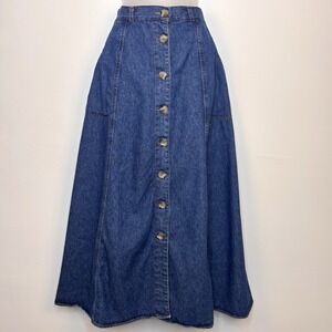 Vintage Blue Denim Maxi Skirt 10 Medium Cotton Button Front Pockets Boho 90s Y2K